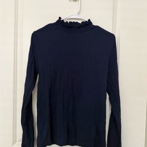LOFT Navy Ruffled Long Sleeve Turtleneck Top
